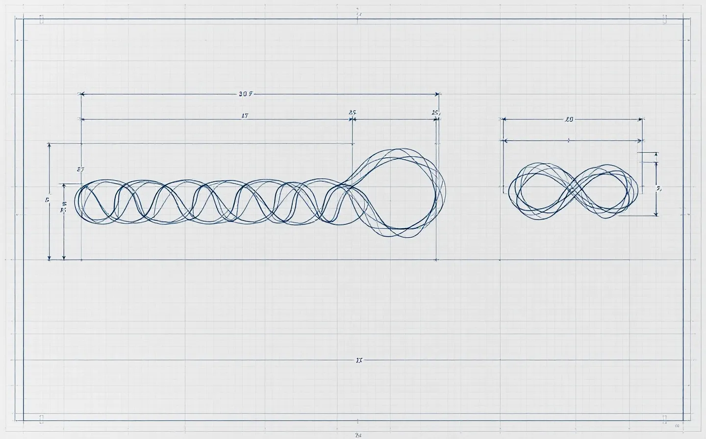 An orthographic engineering line-drawing of two abstract peptide components, each dimensioned, joined by a dashed proposed-synergy leader, in drafting-blue on a cool near-white sheet