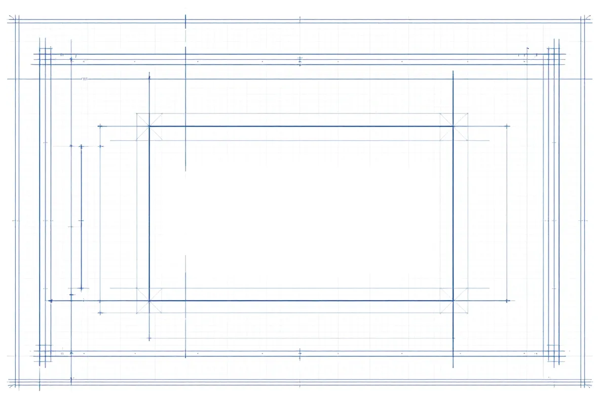 An orthographic line-drawing of an engineering title-block / specification frame with registration cross-hairs and an abstract balance-scale motif, in drafting-blue on a cool near-white sheet